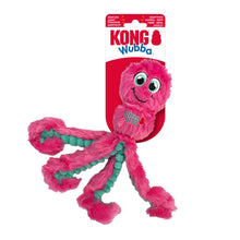 Load image into Gallery viewer, Kong Wubba octopus dog toy in pink plush with teal rope legs, shown hanging from its retail card packaging against a white background.