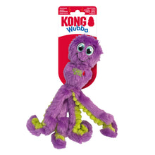 Load image into Gallery viewer, Kong Wubba octopus dog toy in purple plush with lime green rope accents, attached to a red and white cardboard hanger, on a plain white background.
