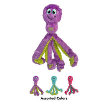 Load image into Gallery viewer, A purple octopus-shaped plush dog toy with green tentacles and large cartoon eyes, shown on a white background with three smaller alternate color versions below and the text 'Assorted Colors'.