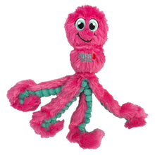 Load image into Gallery viewer, A pink plush octopus dog toy with long knotted teal rope tentacles and embroidered eyes and smile, shown on a plain white background. The word 'KONG' is visible on the chest.