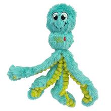 Load image into Gallery viewer, A turquoise blue plush octopus dog toy with yellow-green textured tentacles and embroidered 'KONG' text on the chest, shown on a plain white background.