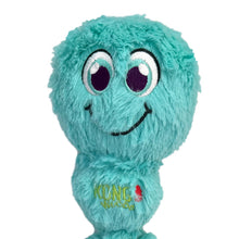 Load image into Gallery viewer, Turquoise plush toy with embroidered face on a white background