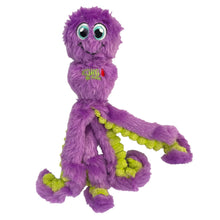 Load image into Gallery viewer, A purple fuzzy octopus plush dog toy with green and yellow textured legs and a 'KONG DOG TOYS' logo on the chest, shown against a plain white background.