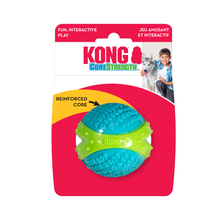 Load image into Gallery viewer, Kong Core Strength dog toy ball in blue and lime green, packaged on a bright pink and white cardboard backing with the KONG logo and a small photo of a person and dog.