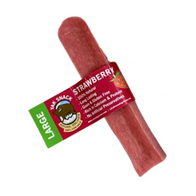 Load image into Gallery viewer, A large, cylindrical yak snack with strawberry flavor, labeled as 'NOVA YAK SNACK STRAWBERRY LARGE', alongside the brand 'Antos'. The product is presented against a white background.