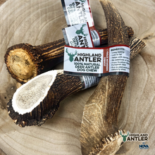 Load image into Gallery viewer, Highland Antler natural deer antler dog chew on a wooden surface with visible branding.