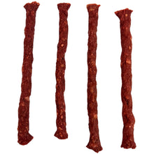 Load image into Gallery viewer, Four long, thin reddish-brown jerky or beef stick strips arranged vertically on a plain white background.