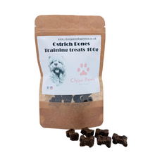 Load image into Gallery viewer, Bag of Ostrich Bones Training treats by Chow Paws with treats displayed in front on a white background