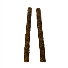 Load image into Gallery viewer, Two dark brown Pheasant Jerky Sticks dog treats on a white background