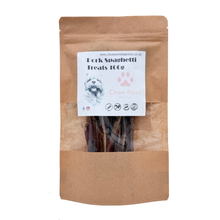 Load image into Gallery viewer, Dog treat package labeled 'Pork Spaghetti Treats 100g' by Chow Paws on a white background