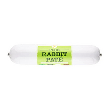 Load image into Gallery viewer, A single packaged food product, a white cylindrical sausage casing with a bright green label reading 'PURE RABBIT PATEÉ', centered on a plain white background.