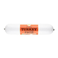 Load image into Gallery viewer, A single roll of pure turkey pate in a clear plastic casing with a prominent orange label, shown against a plain white background.