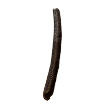 Load image into Gallery viewer, Long, thin, dark brown Salmon and Chicken 8-inch Sausages Stick on a white background