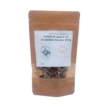 Load image into Gallery viewer, Brown package of salmon and cod training treats for dogs with a label on a white background