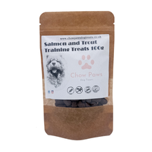 Load image into Gallery viewer, Dog treat package labeled 'Salmon and Trout Training Treats 100g' by Chow Paws on a white background.