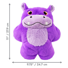 Load image into Gallery viewer, Purple plush hippo toy with measurements on a white background