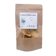 Load image into Gallery viewer, Kraft paper packaging of 'Chow Paws' venison skin treat with a label on a white background
