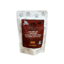 Load image into Gallery viewer, A pouch of Nova Beef Sauce with text indicating it is 100% natural and grass-fed beef. The background is white with a pattern of red and white paw prints.