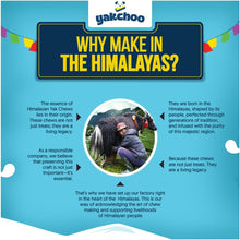 Load image into Gallery viewer, Advertisement for yakchoo with text about making yak chews in the Himalayas.