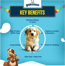 Load image into Gallery viewer, Yakchoo dog treat packaging with key benefits listed on a blue background