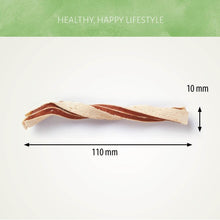 Load image into Gallery viewer, Measurement of a twisted snack stick with dimensions labeled on a white background.