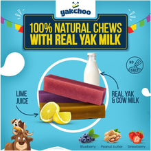 Load image into Gallery viewer, Yakchoo dog chews packaging with ingredients and branding on a blue background