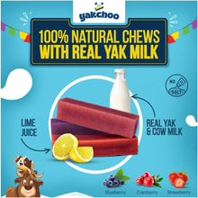 Load image into Gallery viewer, Yakchoo dog chews packaging with text and images of ingredients on a blue background