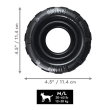 Load image into Gallery viewer, Black dog toy with measurements and size guide on a white background