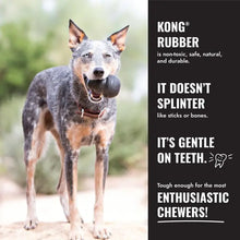 Load image into Gallery viewer, Dog with a KONG rubber toy in its mouth, with promotional text about KONG rubber's properties.