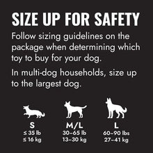 Load image into Gallery viewer, Dog toy sizing chart with instructions on determining appropriate size for dogs.