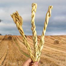 Load image into Gallery viewer, Three braided sticks held against a backdrop of a harvested field with hay bales.