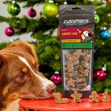 Load image into Gallery viewer, Dog with Nutriment treats package in front of a decorated Christmas tree