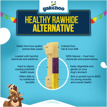 Load image into Gallery viewer, Advertisement for yakchoo healthy rawhide alternative with a dog illustration on a blue background.