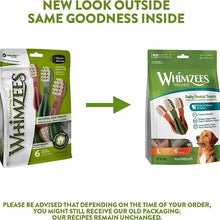 Load image into Gallery viewer, Comparison of Whimzees dental care product packaging with text indicating a new look but same goodness inside.