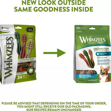 Load image into Gallery viewer, Comparison of Whimzees dental treat packages with text indicating a new look but same goodness inside.