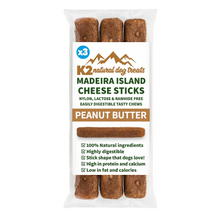 Load image into Gallery viewer, K2 natural dog treats packaging for Madeira Island Cheese Sticks with peanut butter flavor on a white background.