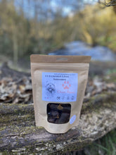 Load image into Gallery viewer, 15 gourmet liver dog sausages pouch with pink chow paws dog treats logo on a tree branch, 3024x4032px