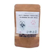 Load image into Gallery viewer, Dog treat package labeled '100% Turkey Mini Bites Training Treats 100g' by Chow Paws on a white background.

