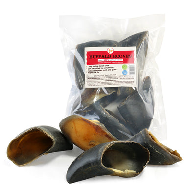 Pack of 5 buffalo hooves in a clear plastic packaging, with some hooves partially out of the package showing the hollow interior.