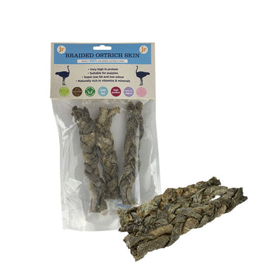 Packaging of JR Braided Ostrich Skin with three braids displayed both inside and outside the package.