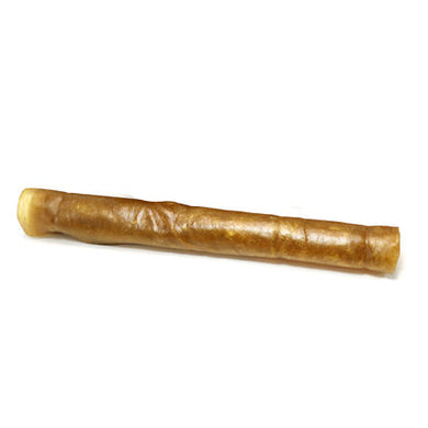 A long, rolled buffalo skin chew treat for dogs