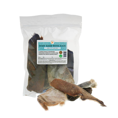 Packaged JR Goat Ears with Hair in a clear plastic bag, displaying multiple goat ears with visible hair.