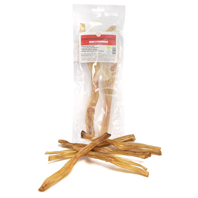 A package of JR brand Buffalo Tendon chews for dogs, with two tendons visible outside the packaging.