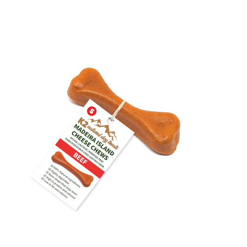 Dog chew treat with a label on a white background