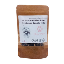 Load image into Gallery viewer, Dog treat package labeled '100% Goat Mini Bites Training Treats 100g' by Chow Paws on a white background.
