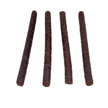 Load image into Gallery viewer, Four dark brown 100% Kangaroo Jerky Sticks on a light grey background
