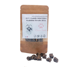 Load image into Gallery viewer, Package of Chow Paws 100% Lamb Mini Lites Training Treats with treats displayed in front.
