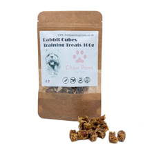 Load image into Gallery viewer, Bag of Chow Paws Rabbit Cubes Training Treats with treats displayed in front on a white background
