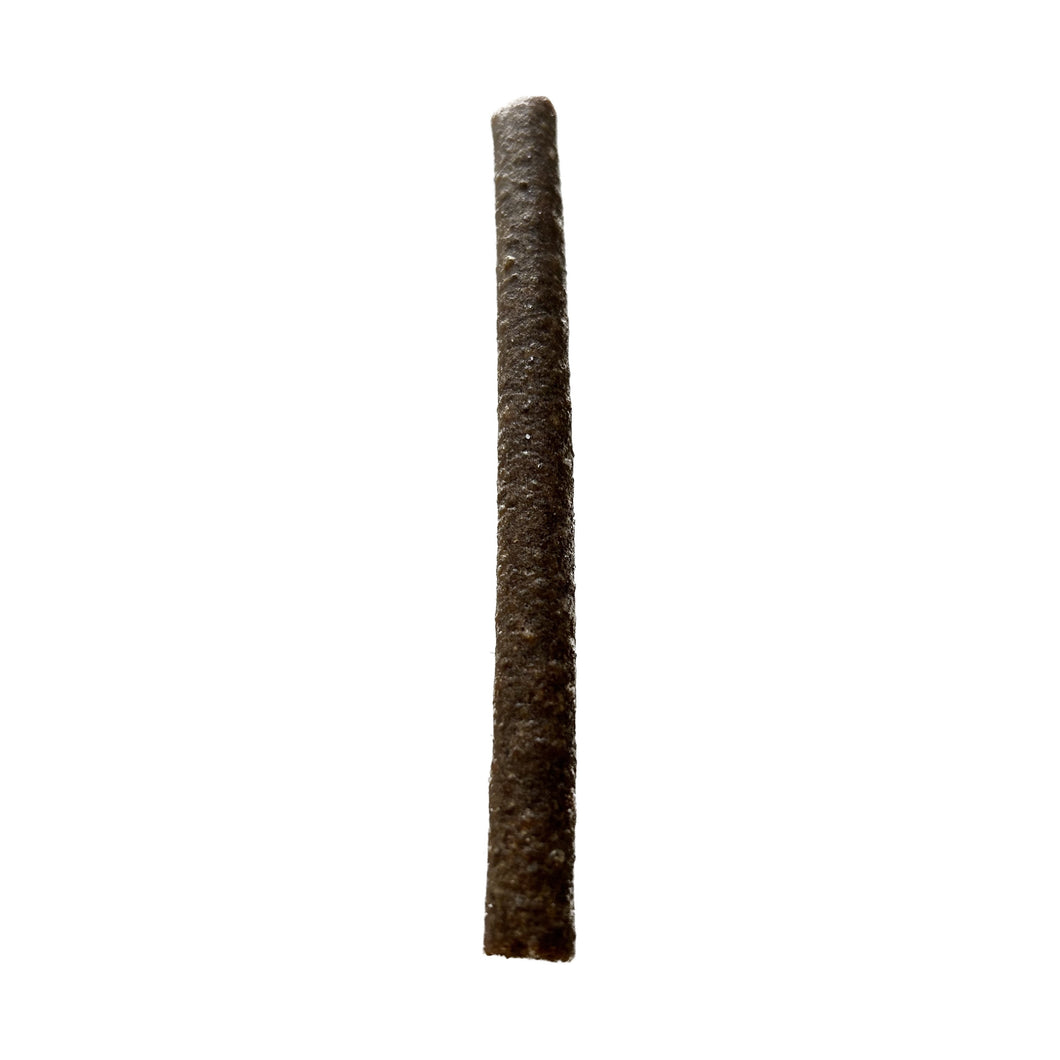 Two cylindrical brown100% Venison Jerky Sticks on a white background