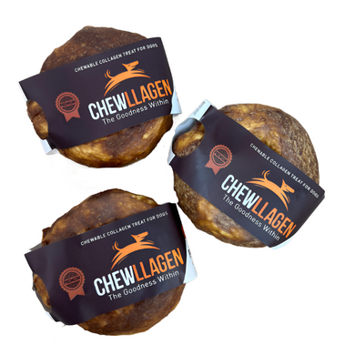 Three Chewllagen Beef Small Donut treats for dogs, approximately 3.5 inches in size, wrapped individually in black packaging with orange text.